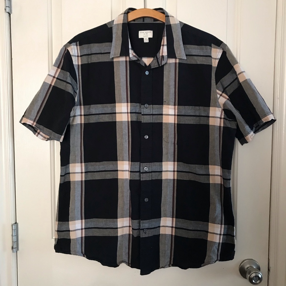 Club Monaco Linen Blend Plaid Men’s Short Sleeve Shirt Size XL slim Fit